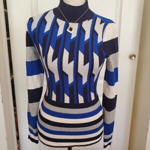 Karen Millen Blue and Black Geometric Turtleneck Sweater